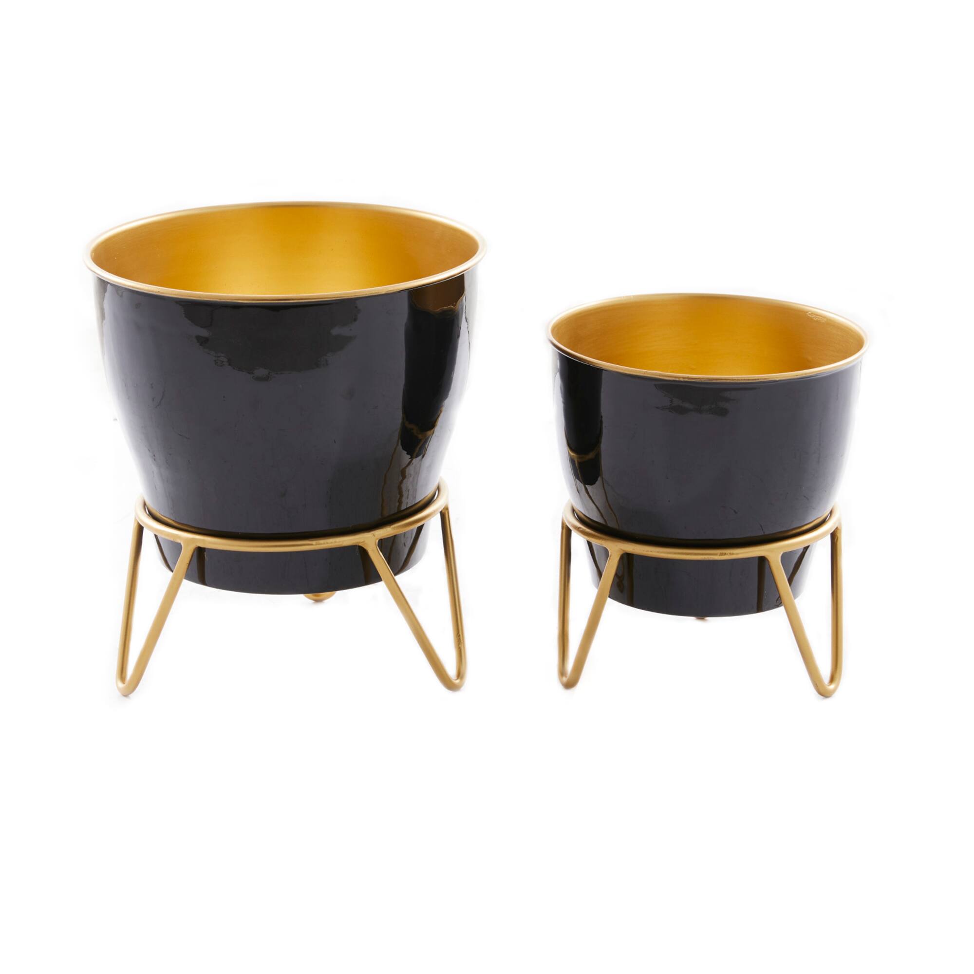 Set of 2 Black Iron Modern Planter, 11" x 10" x 10"